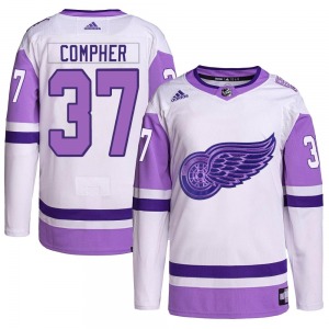 Youth Authentic Detroit Red Wings J.T. Compher White/Purple Hockey Fights Cancer Primegreen Official Adidas Jersey