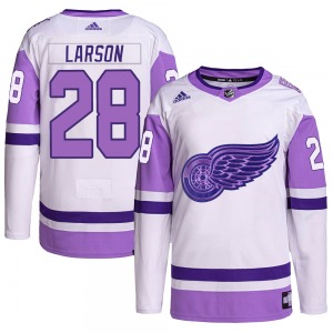 Youth Authentic Detroit Red Wings Reed Larson White/Purple Hockey Fights Cancer Primegreen Official Adidas Jersey