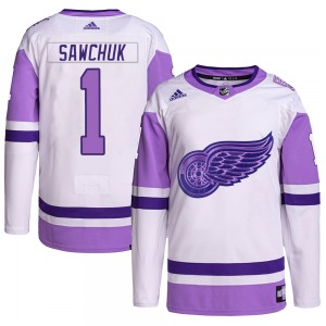 Youth Authentic Detroit Red Wings Terry Sawchuk White/Purple Hockey Fights Cancer Primegreen Official Adidas Jersey
