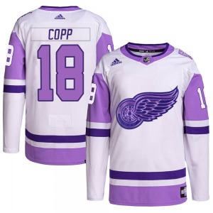 Adult Authentic Detroit Red Wings Andrew Copp White/Purple Hockey Fights Cancer Primegreen Official Adidas Jersey