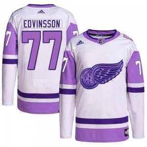 Adult Authentic Detroit Red Wings Simon Edvinsson White/Purple Hockey Fights Cancer Primegreen Official Adidas Jersey