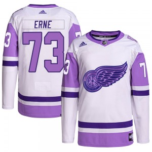 Adult Authentic Detroit Red Wings Adam Erne White/Purple Hockey Fights Cancer Primegreen Official Adidas Jersey
