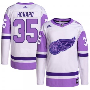 Adult Authentic Detroit Red Wings Jimmy Howard White/Purple Hockey Fights Cancer Primegreen Official Adidas Jersey