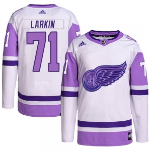 Adult Authentic Detroit Red Wings Dylan Larkin White/Purple Hockey Fights Cancer Primegreen Official Adidas Jersey
