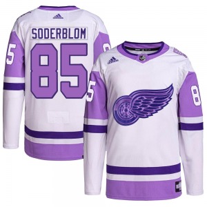 Adult Authentic Detroit Red Wings Elmer Soderblom White/Purple Hockey Fights Cancer Primegreen Official Adidas Jersey