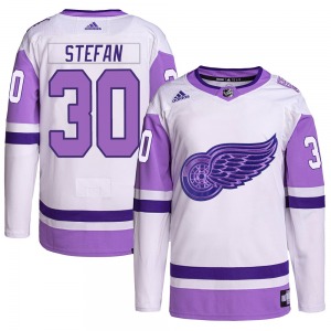 Adult Authentic Detroit Red Wings Greg Stefan White/Purple Hockey Fights Cancer Primegreen Official Adidas Jersey