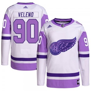 Adult Authentic Detroit Red Wings Joe Veleno White/Purple Hockey Fights Cancer Primegreen Official Adidas Jersey