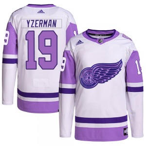 Adult Authentic Detroit Red Wings Steve Yzerman White/Purple Hockey Fights Cancer Primegreen Official Adidas Jersey