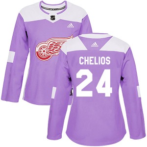 Women's Authentic Detroit Red Wings Chris Chelios Purple Hockey Fights Cancer Practice Official Adidas Jersey