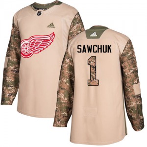 Adult Authentic Detroit Red Wings Terry Sawchuk Camo Veterans Day Practice Official Adidas Jersey
