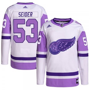 Youth Authentic Detroit Red Wings Moritz Seider White/Purple Hockey Fights Cancer Primegreen Official Adidas Jersey