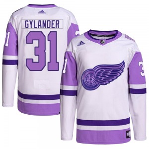 Adult Authentic Detroit Red Wings Carter Gylander White/Purple Hockey Fights Cancer Primegreen Official Adidas Jersey