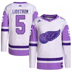 Adult Authentic Detroit Red Wings Nicklas Lidstrom White/Purple Hockey Fights Cancer Primegreen Official Adidas Jersey