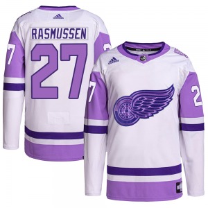 Adult Authentic Detroit Red Wings Michael Rasmussen White/Purple Hockey Fights Cancer Primegreen Official Adidas Jersey