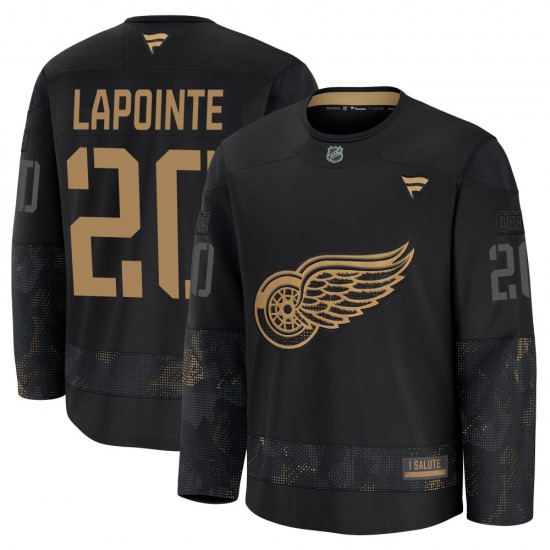 Youth Premium Detroit Red Wings Martin Lapointe Black 2024 Military Appreciation Practice Official Fanatics Jersey