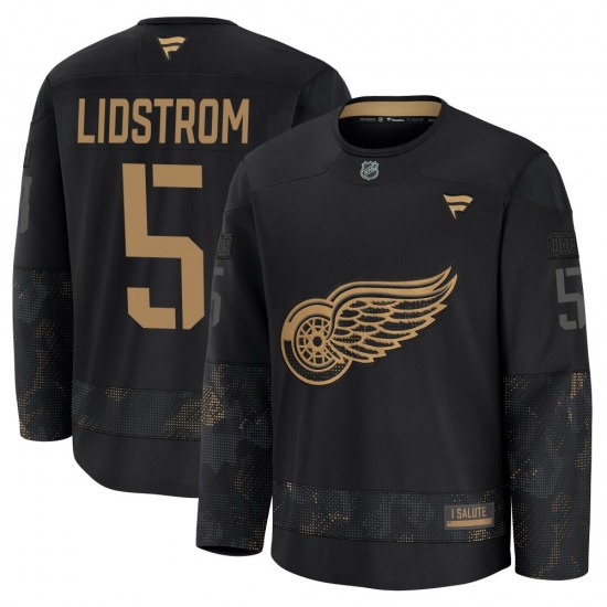Youth Premium Detroit Red Wings Nicklas Lidstrom Black 2024 Military Appreciation Practice Official Fanatics Jersey