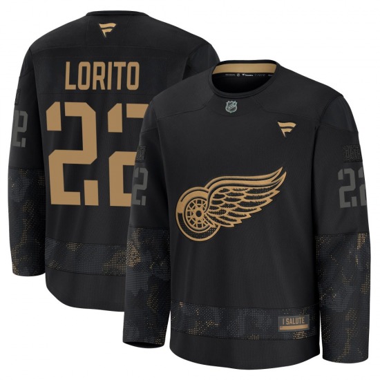 Youth Premium Detroit Red Wings Matthew Lorito Black 2024 Military Appreciation Practice Official Fanatics Jersey