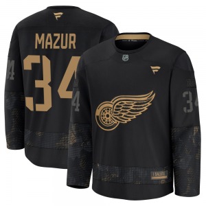 Youth Premium Detroit Red Wings Carter Mazur Black 2024 Military Appreciation Practice Official Fanatics Jersey