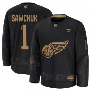 Youth Premium Detroit Red Wings Terry Sawchuk Black 2024 Military Appreciation Practice Official Fanatics Jersey