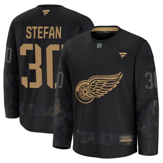Youth Premium Detroit Red Wings Greg Stefan Black 2024 Military Appreciation Practice Official Fanatics Jersey