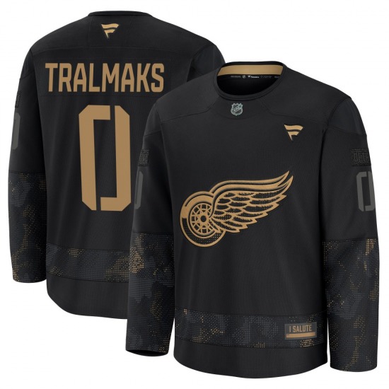Youth Premium Detroit Red Wings Eduards Tralmaks Black 2024 Military Appreciation Practice Official Fanatics Jersey