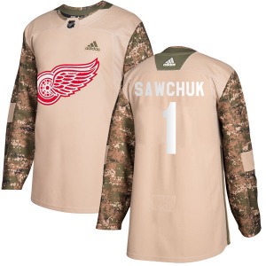 Adult Authentic Detroit Red Wings Terry Sawchuk Camo Veterans Day Practice Official Adidas Jersey