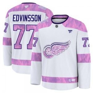 Youth Premium Detroit Red Wings Simon Edvinsson White 2024 Hockey Fights Cancer Practice Official Fanatics Jersey