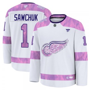 Youth Premium Detroit Red Wings Terry Sawchuk White 2024 Hockey Fights Cancer Practice Official Fanatics Jersey