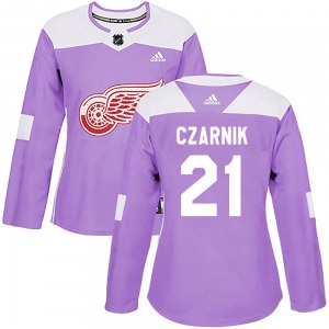 Women's Authentic Detroit Red Wings Austin Czarnik Purple Hockey Fights Cancer Practice Official Adidas Jersey
