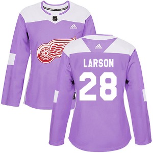 Women's Authentic Detroit Red Wings Reed Larson Purple Hockey Fights Cancer Practice Official Adidas Jersey